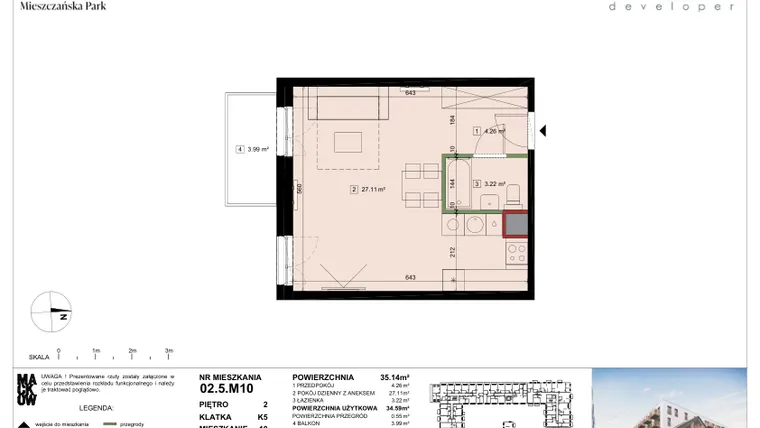 Rzut - Mieszkanie na sprzedaż 1 pokój o powierzchni 34,59 m² - numer 02.5.M10 w Mieszczańska Park