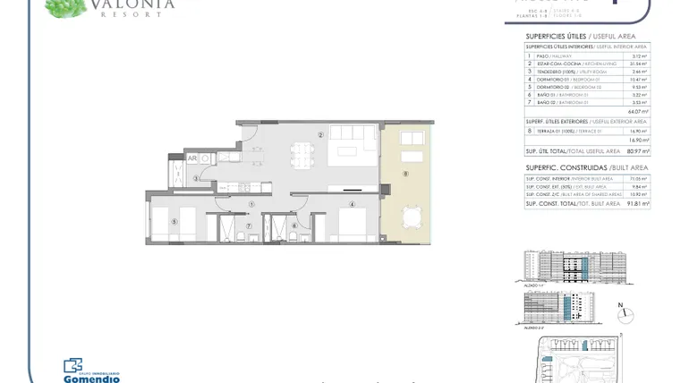 Rzut - Mieszkanie na sprzedaż 2 pokoje o powierzchni 80,97 m² - numer 150 w Valonia - Alicante