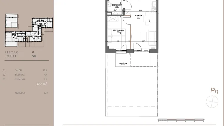 Rzut - Mieszkanie na sprzedaż 2 pokoje o powierzchni 32,2 m² - numer 58 w BETWEEN