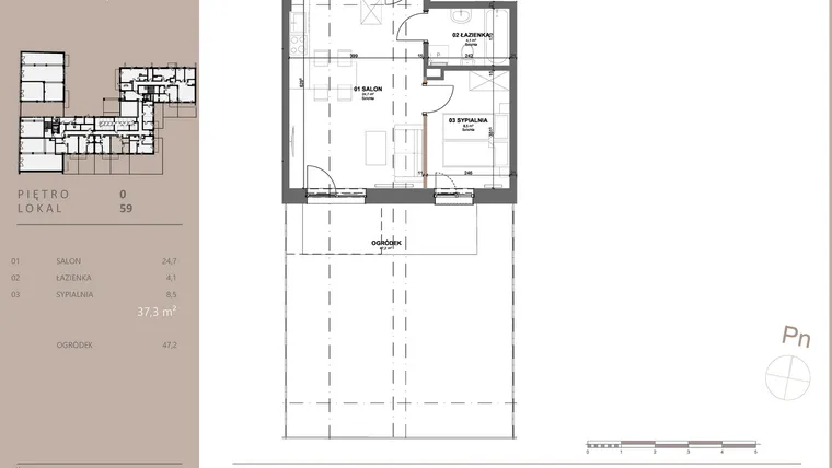 Rzut - Mieszkanie na sprzedaż 2 pokoje o powierzchni 37,3 m² - numer 59 w BETWEEN