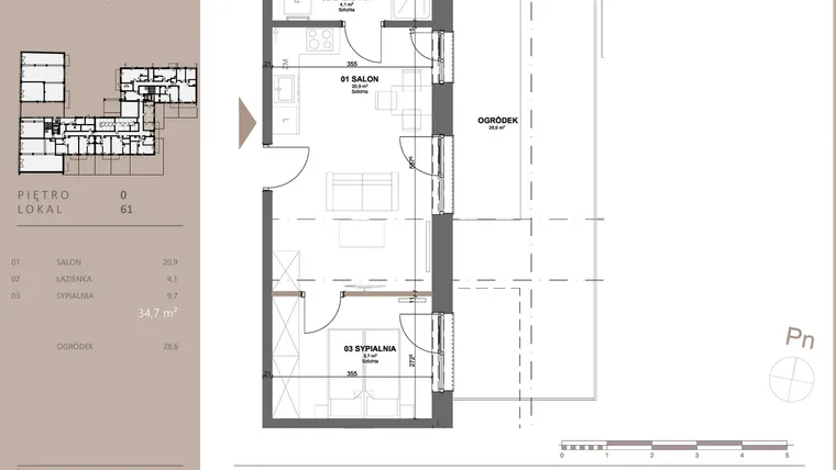 Rzut - Mieszkanie na sprzedaż 2 pokoje o powierzchni 34,77 m² - numer 61 w BETWEEN