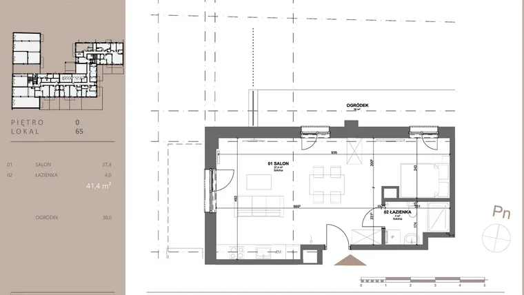 Rzut - Mieszkanie na sprzedaż 1 pokój o powierzchni 41,32 m² - numer 65 w BETWEEN