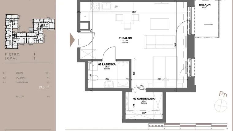 Rzut - Mieszkanie na sprzedaż 1 pokój o powierzchni 39,77 m² - numer 3 w BETWEEN