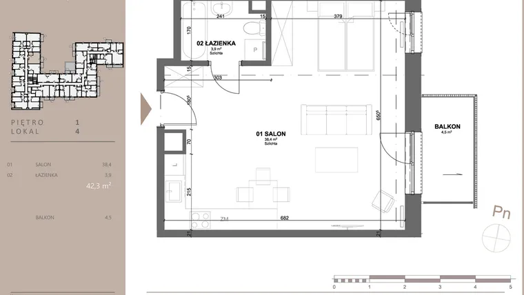 Rzut - Mieszkanie na sprzedaż 1 pokój o powierzchni 42,15 m² - numer 4 w BETWEEN