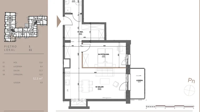 Rzut - Mieszkanie na sprzedaż 2 pokoje o powierzchni 52,46 m² - numer 11 w BETWEEN
