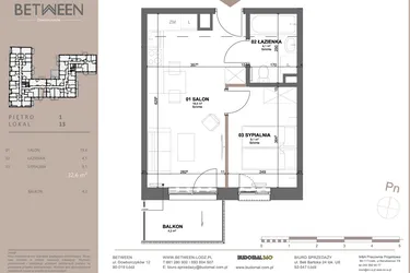 Rzut - Mieszkanie na sprzedaż 2 pokoje o powierzchni 32,6 m² - numer 13 w BETWEEN