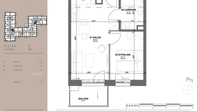 Rzut - Mieszkanie na sprzedaż 2 pokoje o powierzchni 32,6 m² - numer 13 w BETWEEN