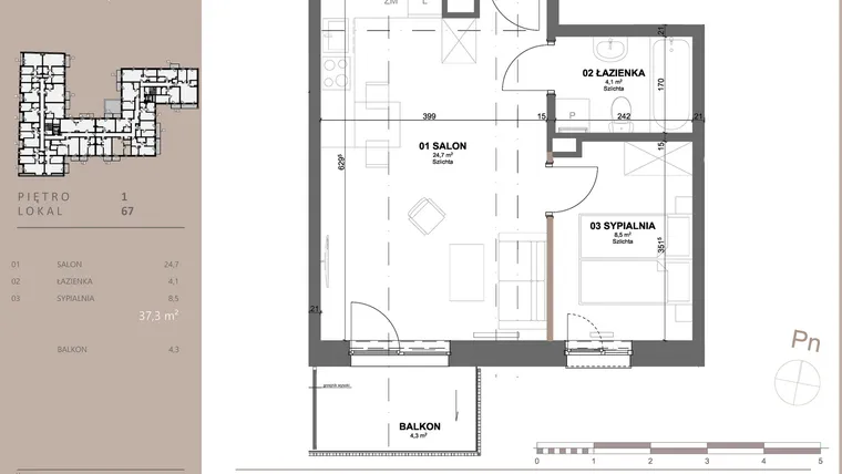 Rzut - Mieszkanie na sprzedaż 2 pokoje o powierzchni 37,3 m² - numer 67 w BETWEEN