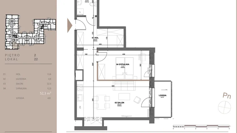 Rzut - Mieszkanie na sprzedaż 2 pokoje o powierzchni 52,43 m² - numer 22 w BETWEEN