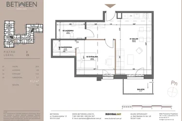 Rzut - Mieszkanie na sprzedaż 2 pokoje o powierzchni 50,89 m² - numer 23 w BETWEEN