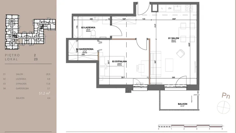 Rzut - Mieszkanie na sprzedaż 2 pokoje o powierzchni 50,89 m² - numer 23 w BETWEEN