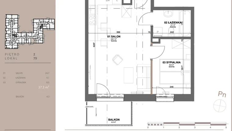 Rzut - Mieszkanie na sprzedaż 2 pokoje o powierzchni 37,49 m² - numer 79 w BETWEEN