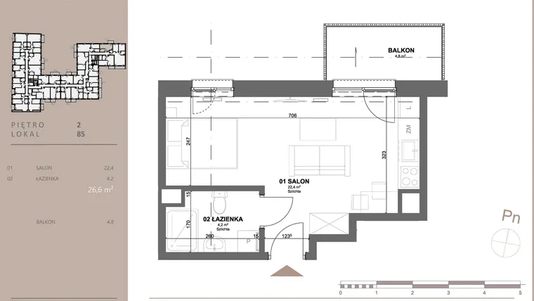 Rzut - Mieszkanie na sprzedaż 1 pokój o powierzchni 26,71 m² - numer 85 w BETWEEN