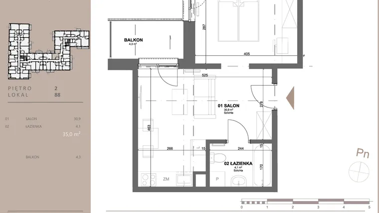 Rzut - Mieszkanie na sprzedaż 1 pokój o powierzchni 34,95 m² - numer 88 w BETWEEN