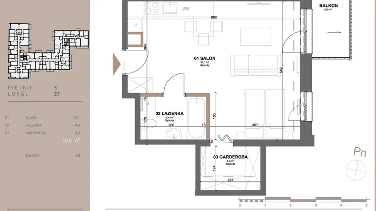 Rzut - Mieszkanie na sprzedaż 1 pokój o powierzchni 39,72 m² - numer 27 w BETWEEN