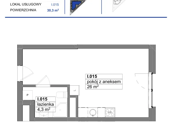 Rzut - Mieszkanie na sprzedaż 1 pokój o powierzchni 30,3 m² - numer 15 w Reda City etap III
