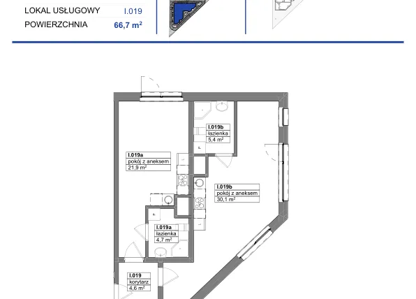 Rzut - Mieszkanie na sprzedaż 1 pokój o powierzchni 66,7 m² - numer 19 w Reda City etap III