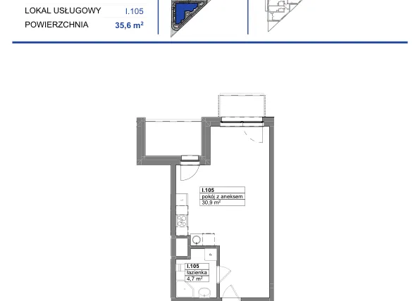 Rzut - Mieszkanie na sprzedaż 1 pokój o powierzchni 35,6 m² - numer 105 w Reda City etap III