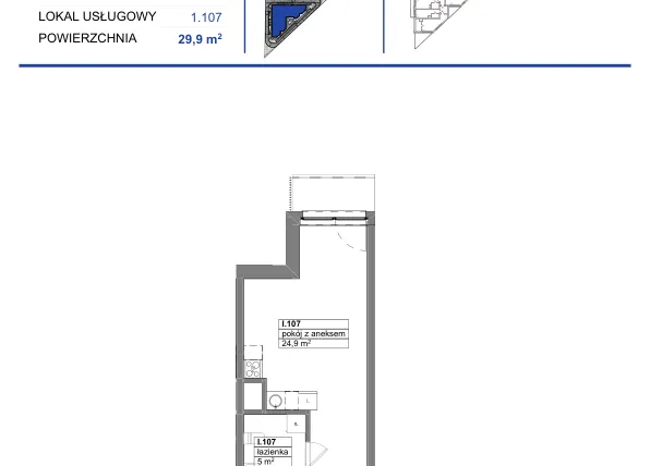 Rzut - Mieszkanie na sprzedaż 1 pokój o powierzchni 29,9 m² - numer 107 w Reda City etap III
