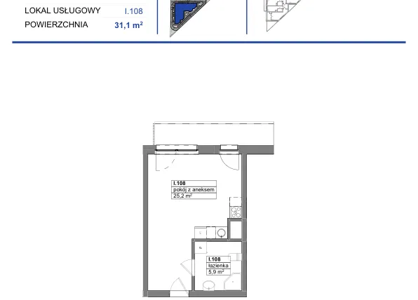 Rzut - Mieszkanie na sprzedaż 1 pokój o powierzchni 31,1 m² - numer 108 w Reda City etap III