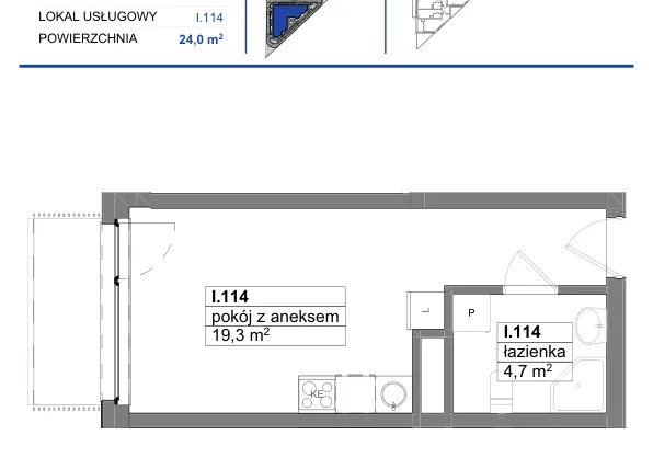 Rzut - Mieszkanie na sprzedaż 1 pokój o powierzchni 24 m² - numer 114 w Reda City etap III