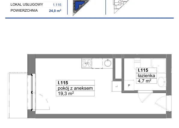 Rzut - Mieszkanie na sprzedaż 1 pokój o powierzchni 24 m² - numer 115 w Reda City etap III