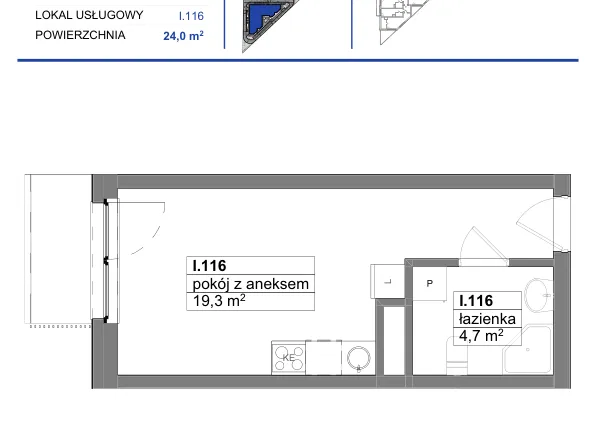Rzut - Mieszkanie na sprzedaż 1 pokój o powierzchni 24 m² - numer 116 w Reda City etap III