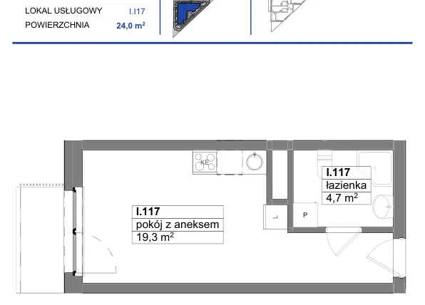 Rzut - Mieszkanie na sprzedaż 1 pokój o powierzchni 24 m² - numer 117 w Reda City etap III