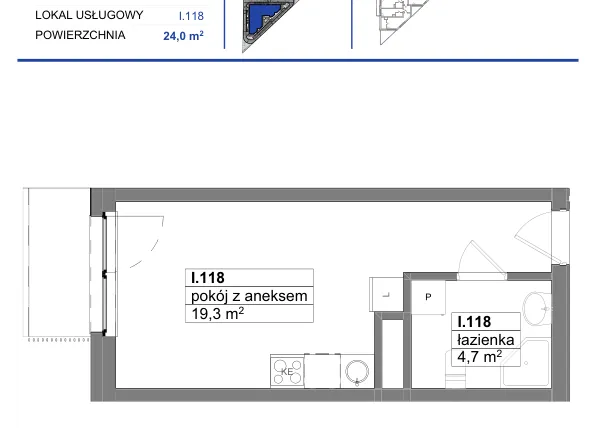 Rzut - Mieszkanie na sprzedaż 1 pokój o powierzchni 24 m² - numer 118 w Reda City etap III