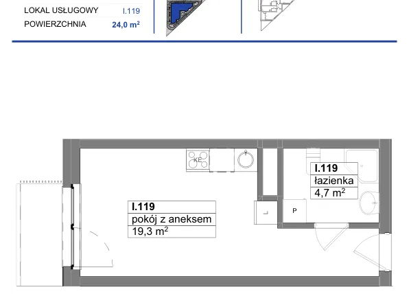 Rzut - Mieszkanie na sprzedaż 1 pokój o powierzchni 24 m² - numer 119 w Reda City etap III