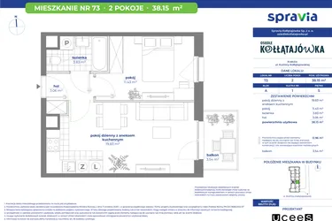 Rzut - Mieszkanie na sprzedaż 2 pokoje o powierzchni 38,15 m² - numer 73A w Osiedle Kołłątajówka