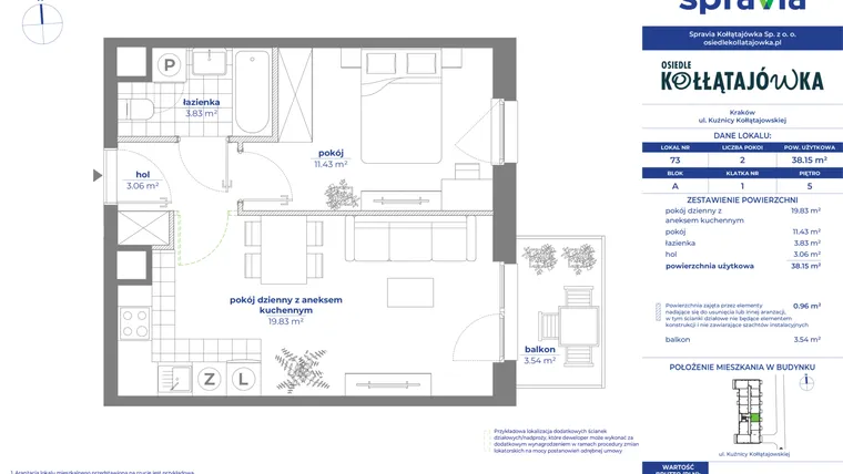 Rzut - Mieszkanie na sprzedaż 2 pokoje o powierzchni 38,15 m² - numer 73A w Osiedle Kołłątajówka