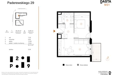 Rzut - Mieszkanie na sprzedaż 2 pokoje o powierzchni 45,16 m² - numer A1 w Paderewskiego 29