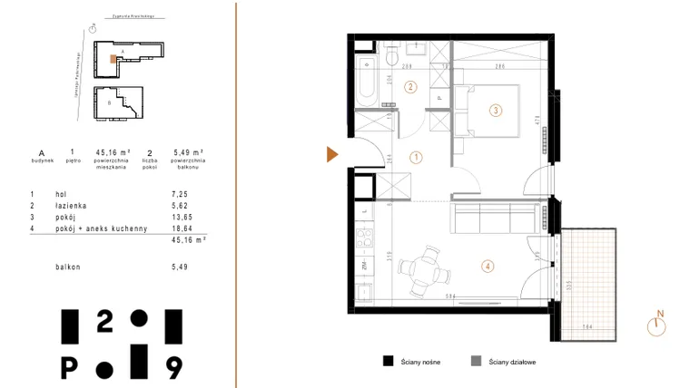 Rzut - Mieszkanie na sprzedaż 2 pokoje o powierzchni 45,16 m² - numer A1 w Paderewskiego 29