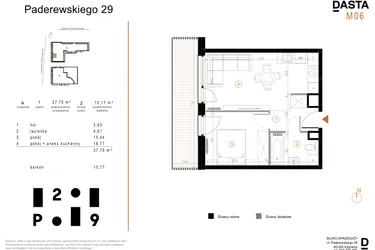 Rzut - Mieszkanie na sprzedaż 2 pokoje o powierzchni 37,75 m² - numer A6 w Paderewskiego 29