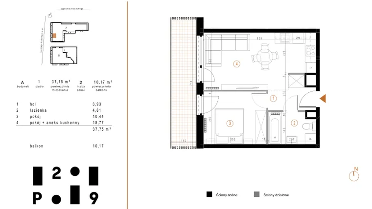 Rzut - Mieszkanie na sprzedaż 2 pokoje o powierzchni 37,75 m² - numer A6 w Paderewskiego 29