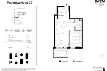 Rzut - Mieszkanie na sprzedaż 2 pokoje o powierzchni 42,47 m² - numer A63 w Paderewskiego 29