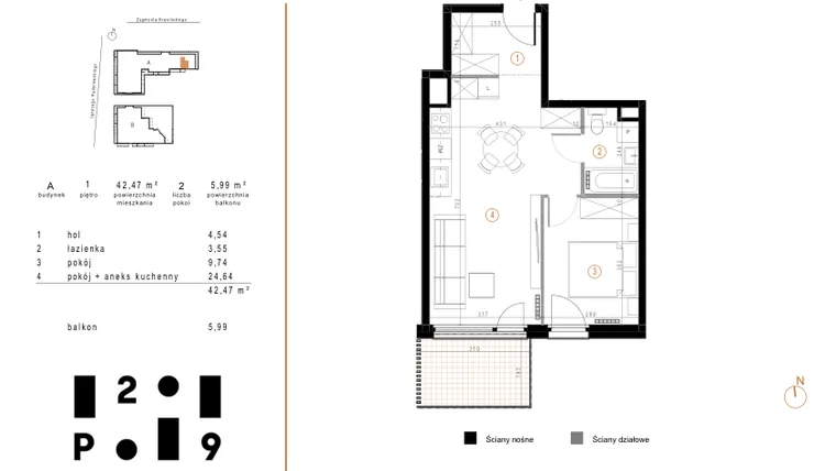Rzut - Mieszkanie na sprzedaż 2 pokoje o powierzchni 42,47 m² - numer A63 w Paderewskiego 29