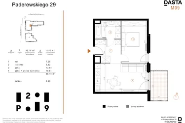 Rzut - Mieszkanie na sprzedaż 2 pokoje o powierzchni 45,16 m² - numer A9 w Paderewskiego 29