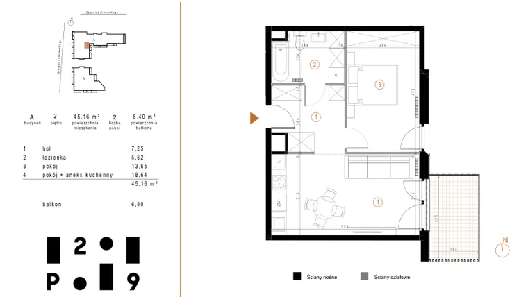 Rzut - Mieszkanie na sprzedaż 2 pokoje o powierzchni 45,16 m² - numer A9 w Paderewskiego 29