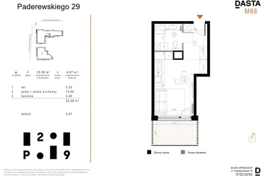 Rzut - Mieszkanie na sprzedaż 1 pokój o powierzchni 25,58 m² - numer A66 w Paderewskiego 29