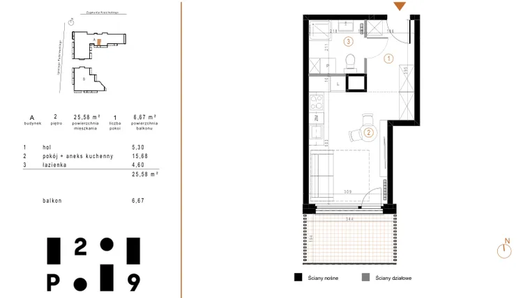 Rzut - Mieszkanie na sprzedaż 1 pokój o powierzchni 25,58 m² - numer A66 w Paderewskiego 29
