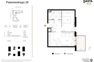Rzut - Mieszkanie na sprzedaż 2 pokoje o powierzchni 45,16 m² - numer A33 w Paderewskiego 29
