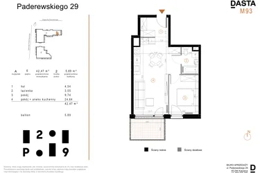 Rzut - Mieszkanie na sprzedaż 2 pokoje o powierzchni 42,47 m² - numer A93 w Paderewskiego 29