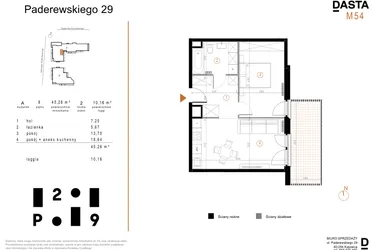 Rzut - Mieszkanie na sprzedaż 2 pokoje o powierzchni 45,26 m² - numer A54 w Paderewskiego 29