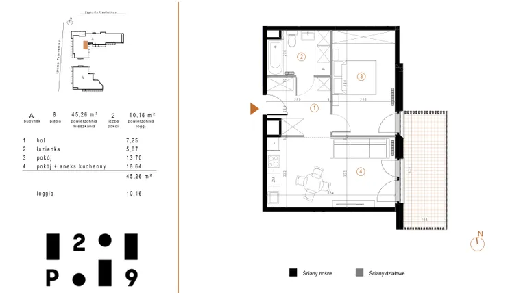 Rzut - Mieszkanie na sprzedaż 2 pokoje o powierzchni 45,26 m² - numer A54 w Paderewskiego 29