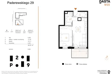 Rzut - Mieszkanie na sprzedaż 2 pokoje o powierzchni 38,81 m² - numer B5 w Paderewskiego 29