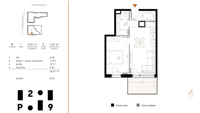 Rzut - Mieszkanie na sprzedaż 2 pokoje o powierzchni 38,81 m² - numer B5 w Paderewskiego 29