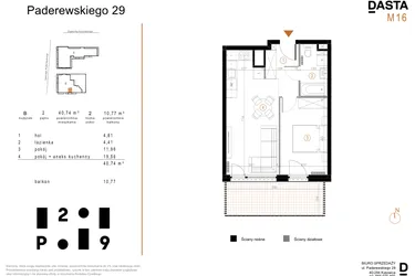 Rzut - Mieszkanie na sprzedaż 2 pokoje o powierzchni 40,74 m² - numer B16 w Paderewskiego 29