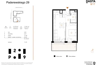 Rzut - Mieszkanie na sprzedaż 2 pokoje o powierzchni 41,79 m² - numer B17 w Paderewskiego 29